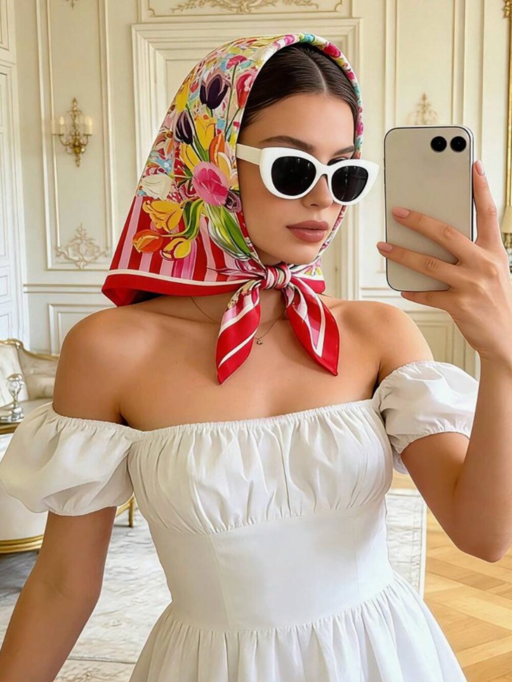 👗Super Chic Silky Scarf + Cat-eye Sunglasses